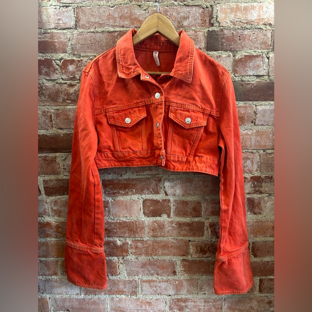 Zara Cropped Denim Jacket orange Size Large  - Festival Ready - Y2K Streetwear